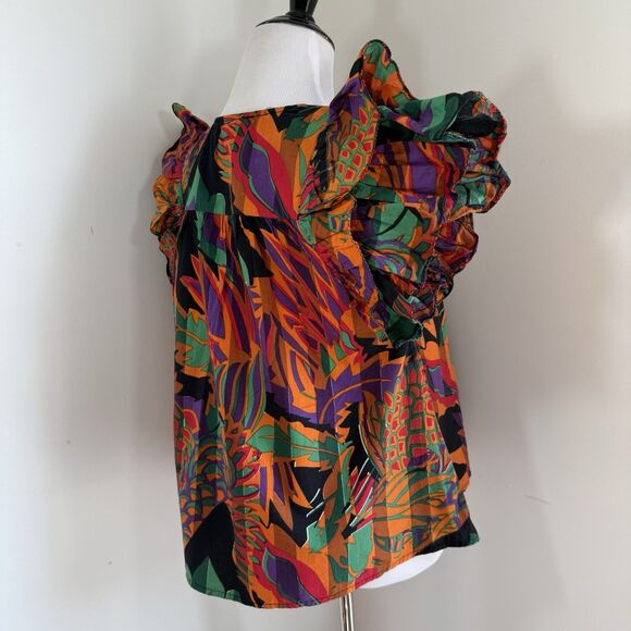 House of Harlow 1960 Top Blouse XS Vibrant Orange Green Ruffle Cap Sleeves - Picture 3 of 10